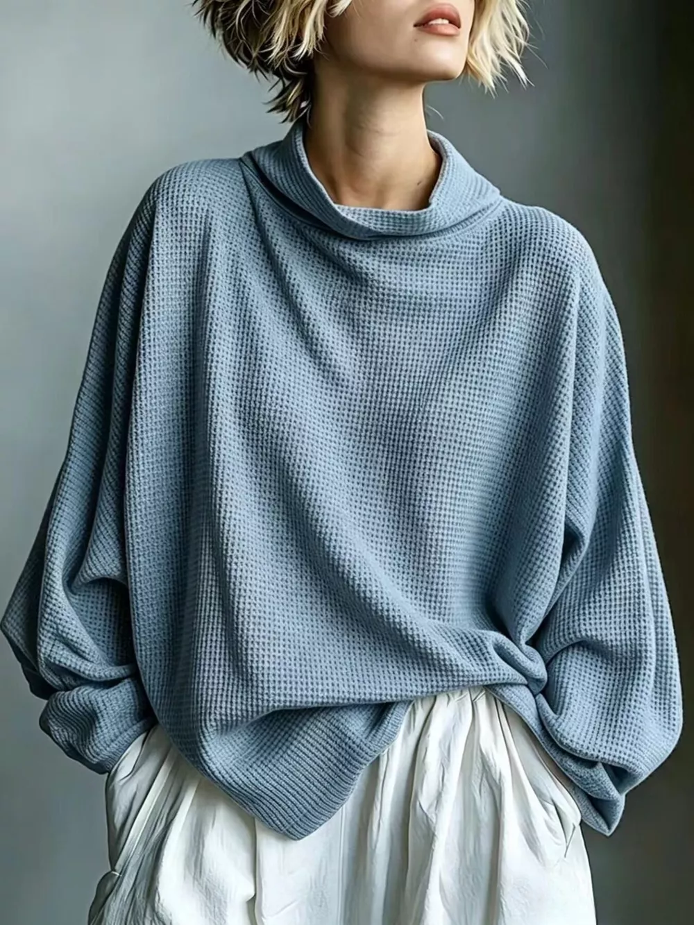 Full Size Oversized Waffle Knit Mock Neck T-Shirt Plus Size, image 11