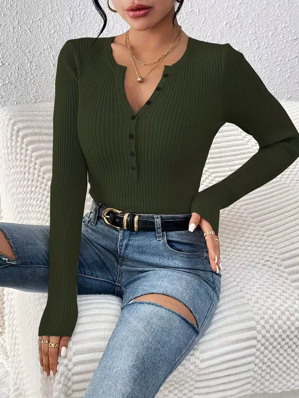 Ribbed Knit Button Front Knit Top, image 9