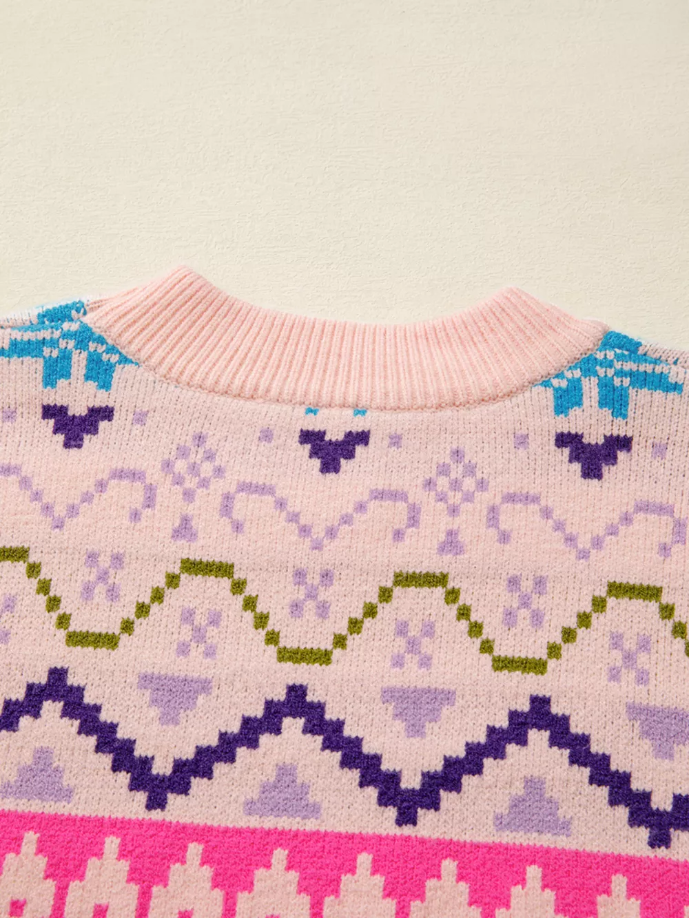 Multicolour Ethnic Christmas Pattern Knit Feather Cuffed Sweater, image 4