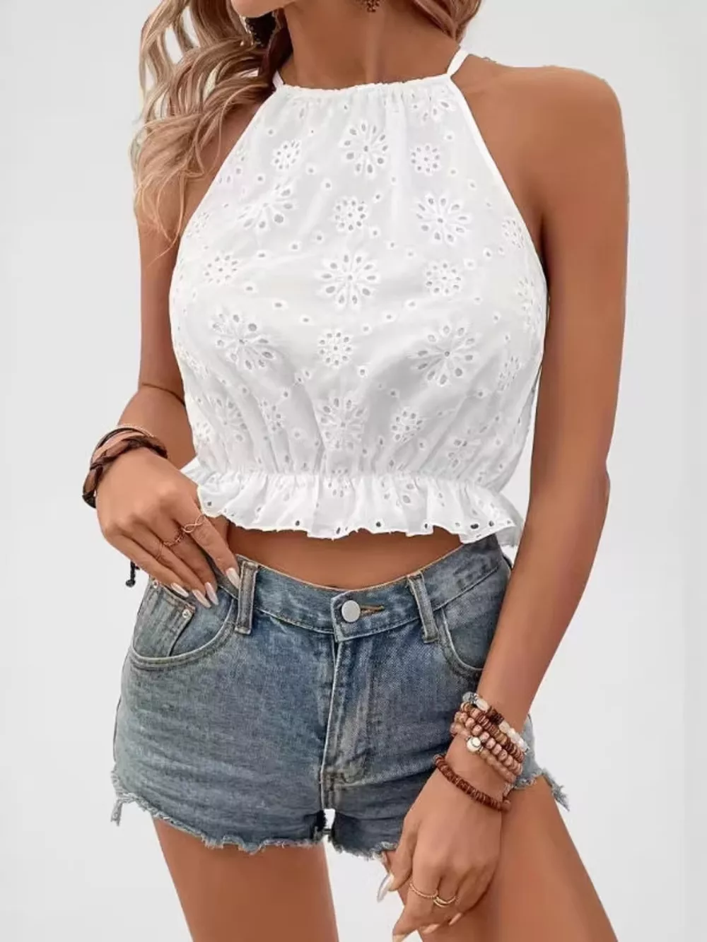 Eyelet Embroidered Ruffled Hem Cami, image 4