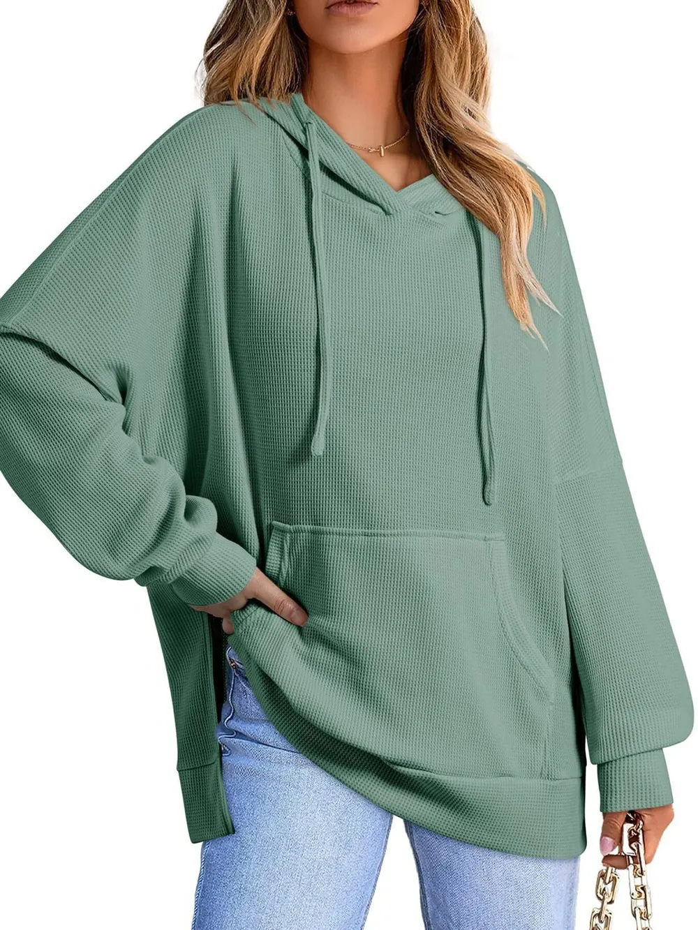 Slit Drawstring Waffle Knit Hoodie, image 12