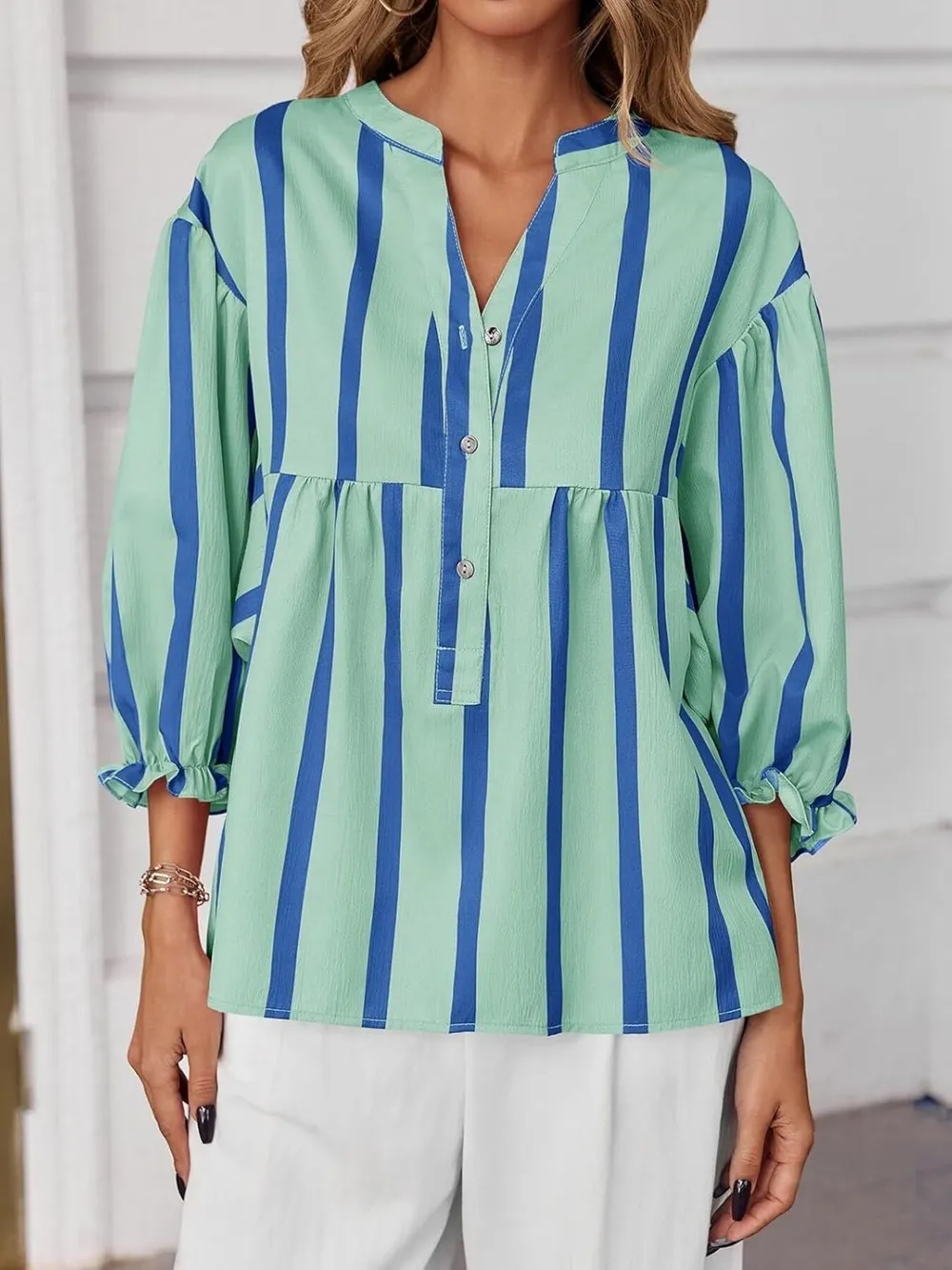 Striped Button Front Notched Blouse, image 11