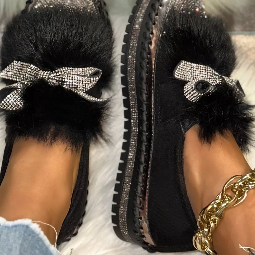 Fuzzy Bowknot Rhinestone Platform Loafers, image 2