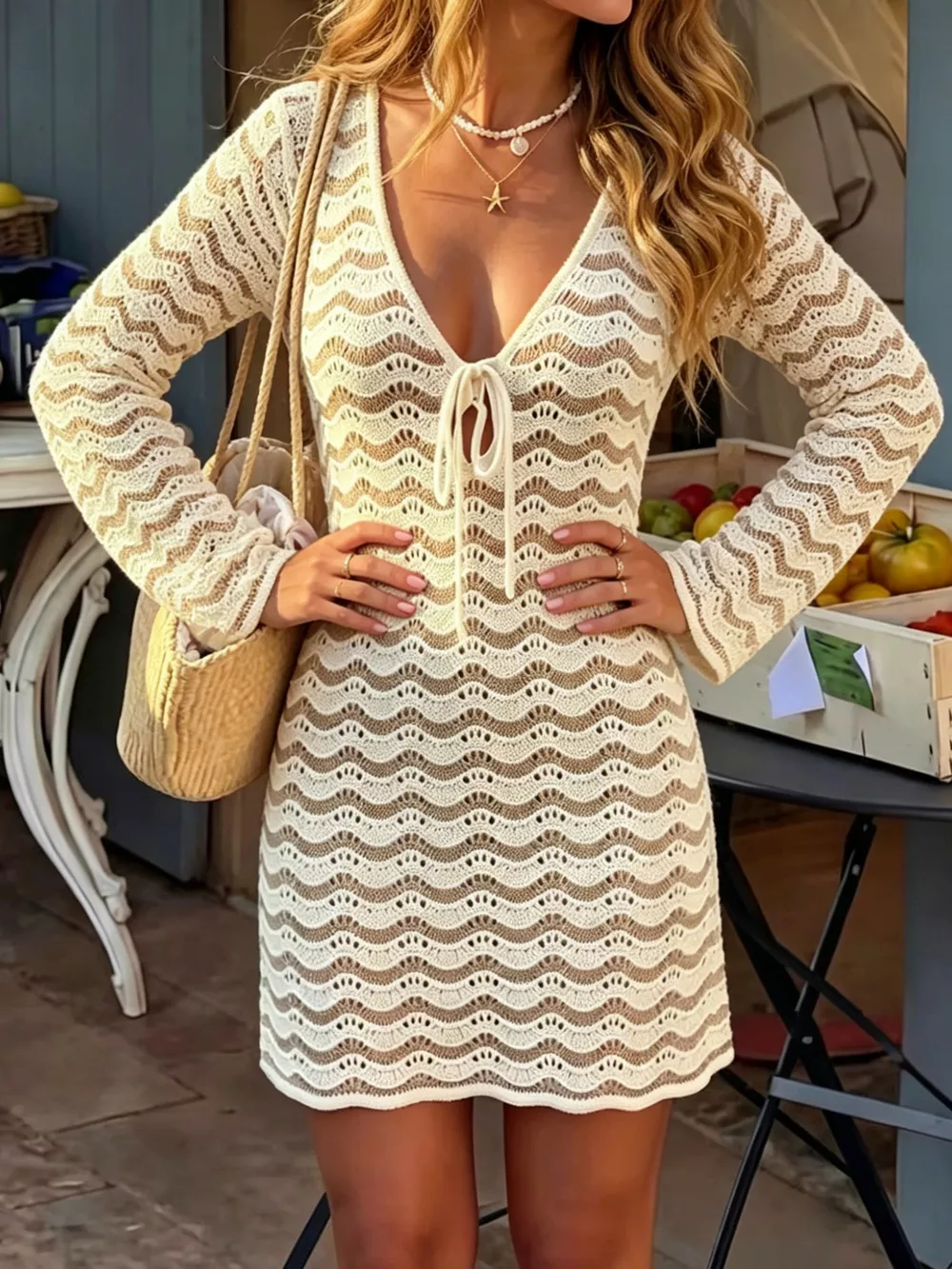 V-Neck Crochet Knit Long Sleeve Mini Dress, image 3