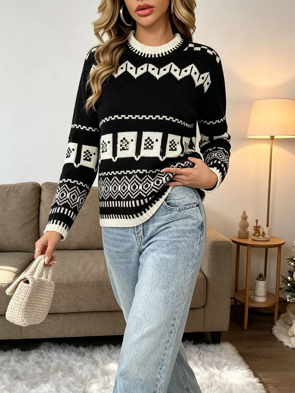 Christmas Festive Fair Isle Patterned Crew Neck Sweater, image 11