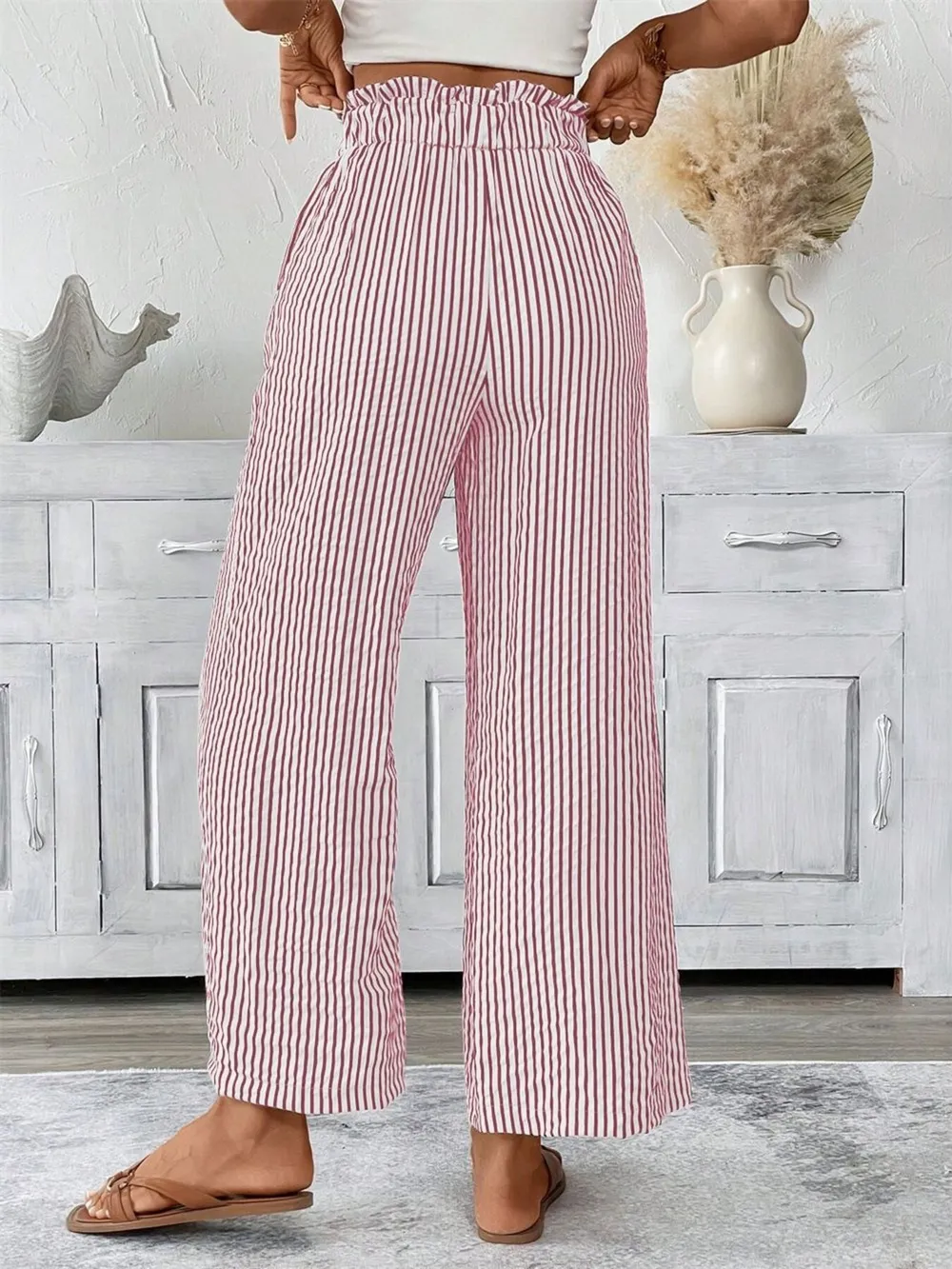 Full Size Striped Wide Leg Paper Bag Pants Plus Size, image 9