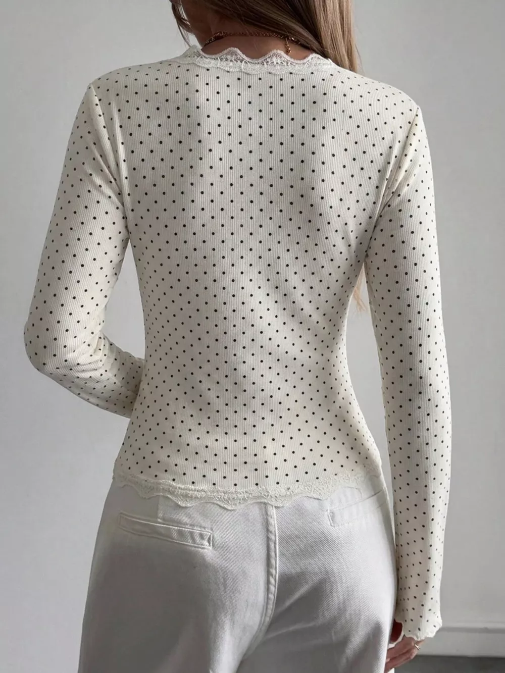 Lace Trim V-Neck Ribbed Long Sleeve Blouse, image 4