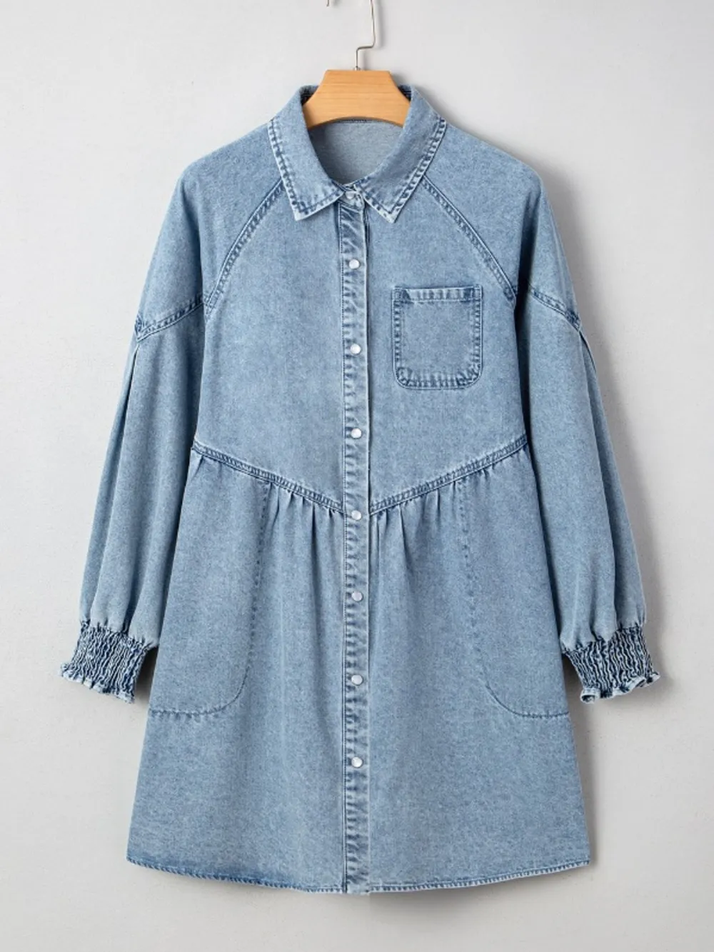 Button-Up Denim Shirt Dress with Smocked Cuffs, image 5