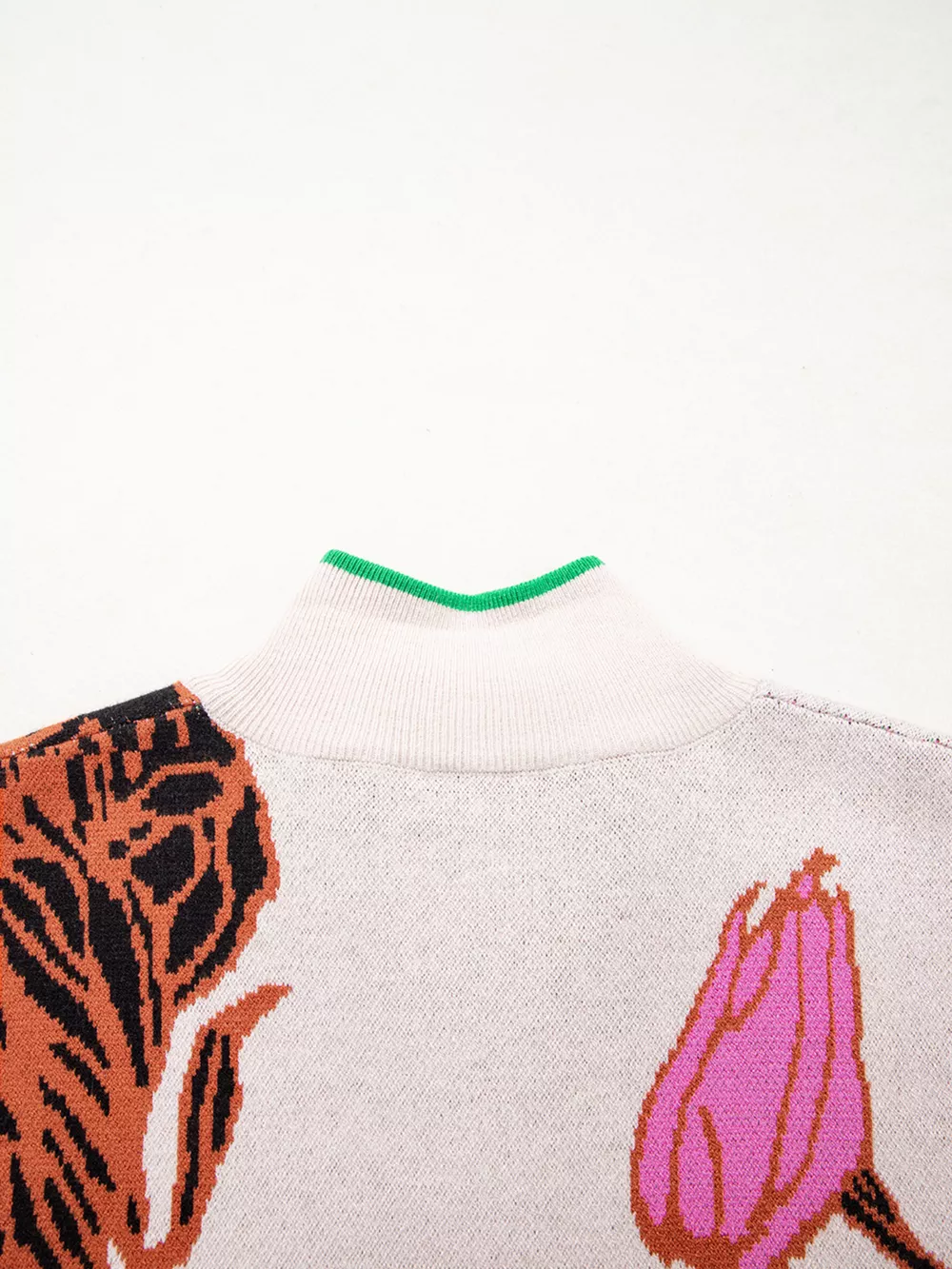 Floral Pattern Knit Quarter Zip Stand Neck Sweater, image 2