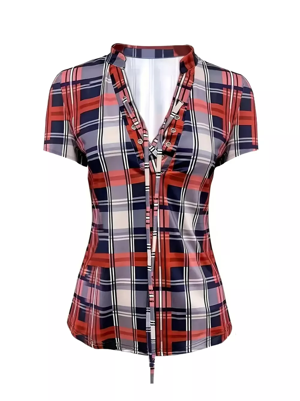 Plaid Lace-Up Short Sleeve Blouse, image 3
