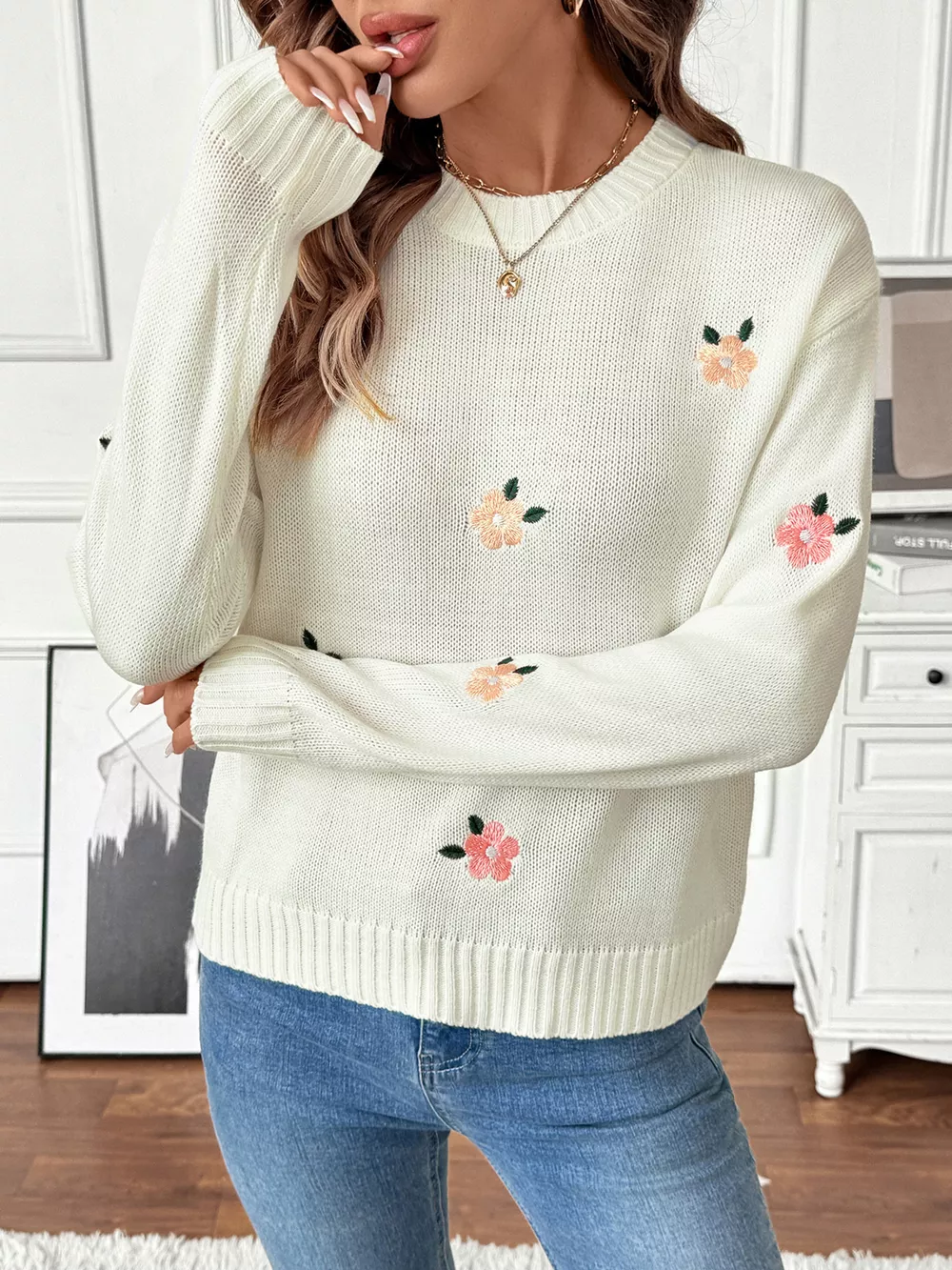 Flower Round Neck Long Sleeve Sweater, image 7