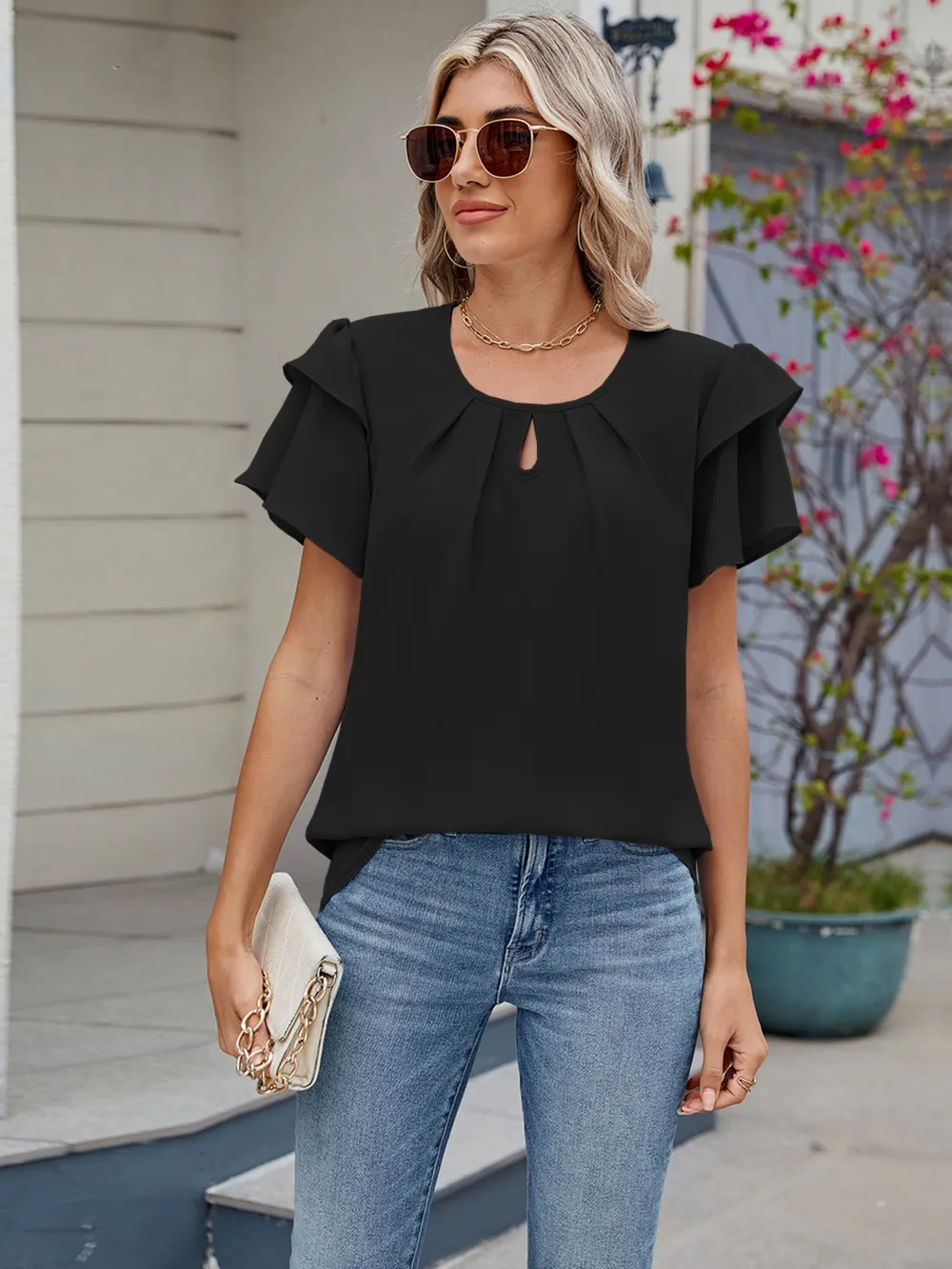 Round Neck Ruffled Layered Sleeve Blouse, image 11