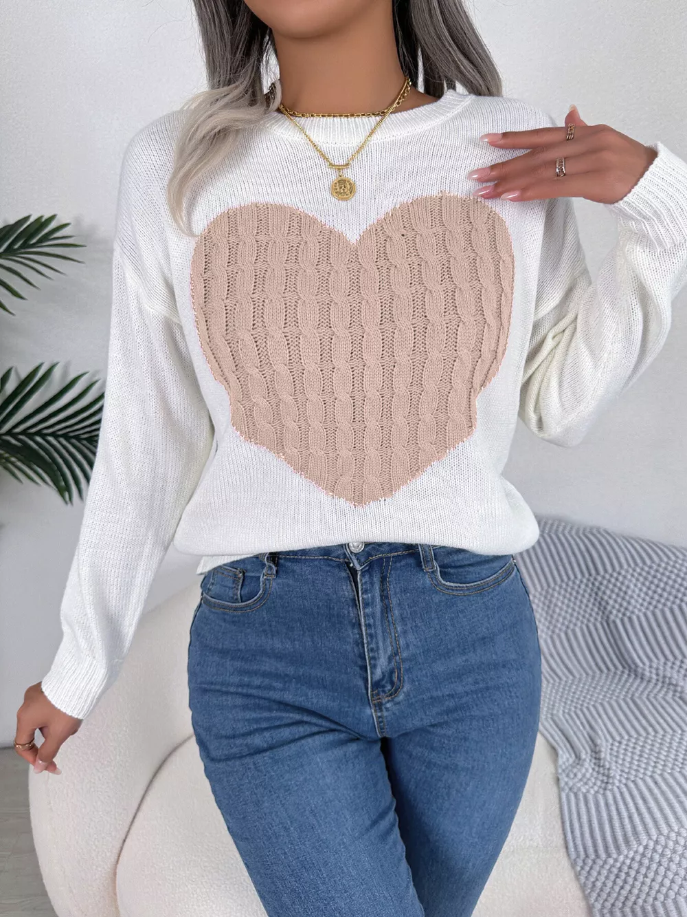 Cable Knit Heart Round Neck Sweater, image 9