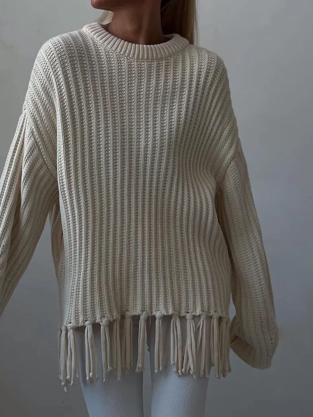 Fringe Round Neck Long Sleeve Sweater