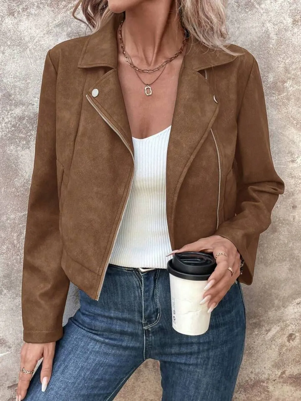 Zip Up Suede Cropped Moto Jacket, image 5