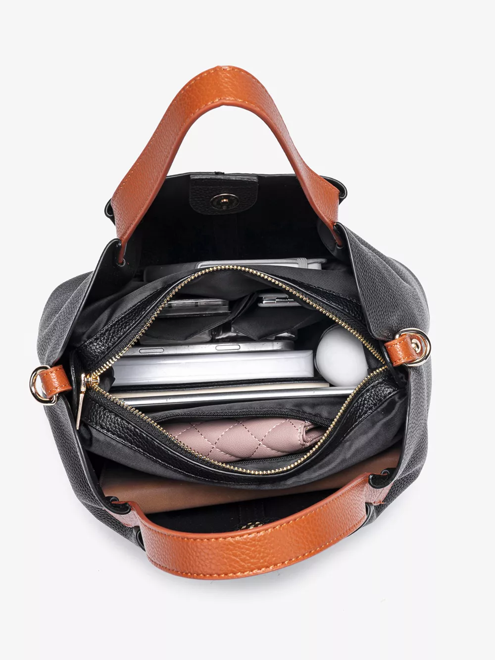 Leather Contrast Handle Handbag, image 3