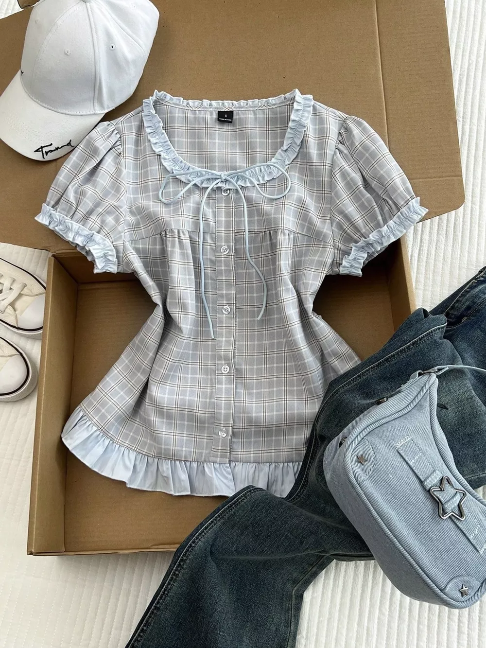 Plaid Ruffle Trim Puff Sleeve Blouse, image 4