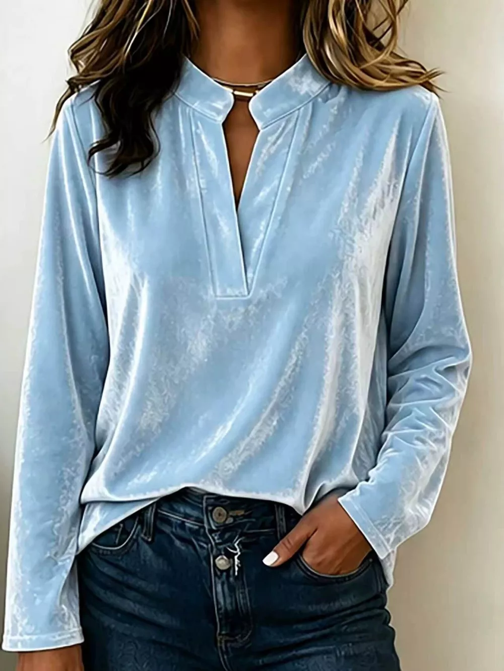 Full Size Velvet Notched Long Sleeve Blouse Plus Size, image 4