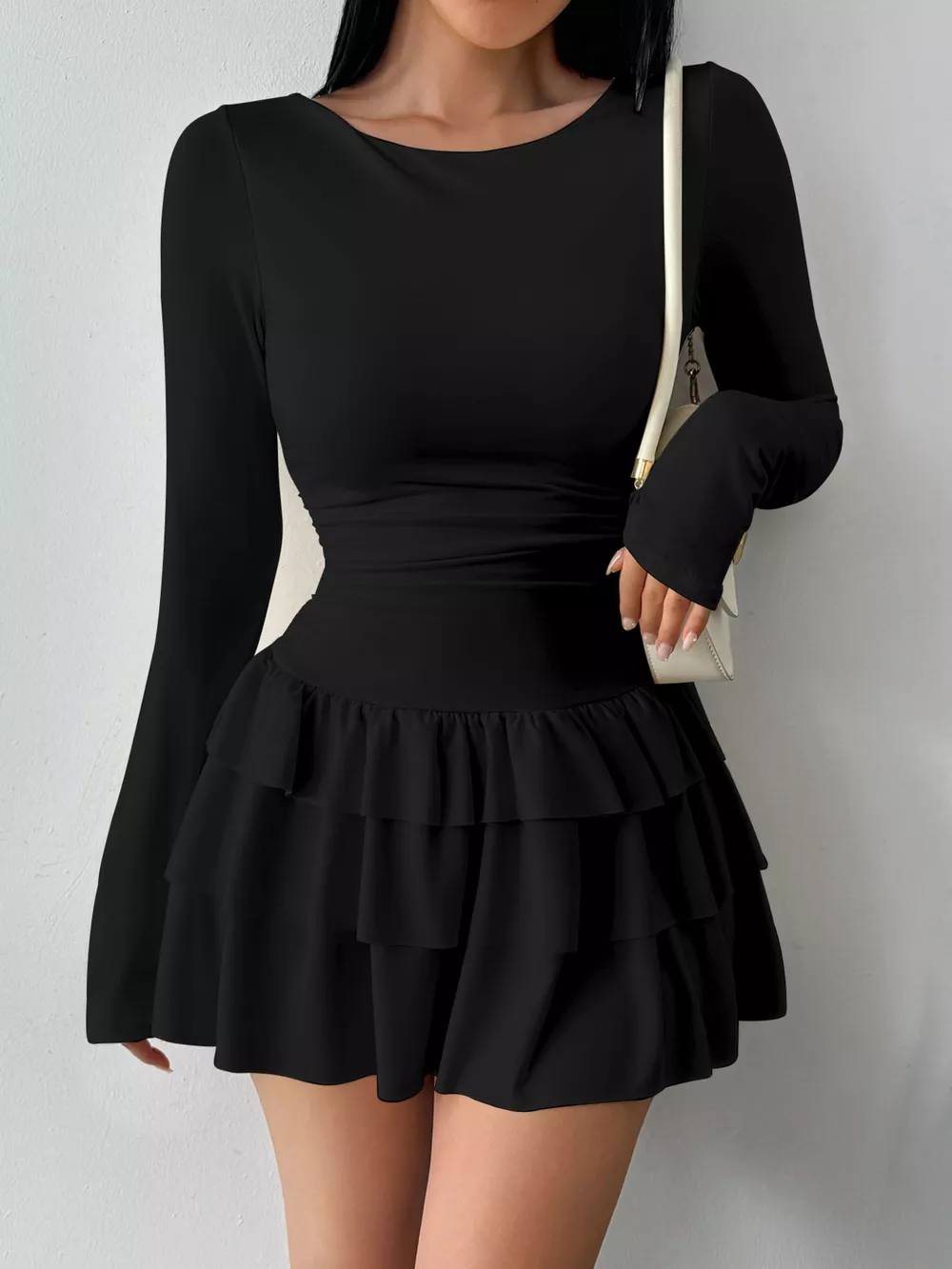 Ruched Long Sleeve Layered Ruffle Mini Dress, image 12
