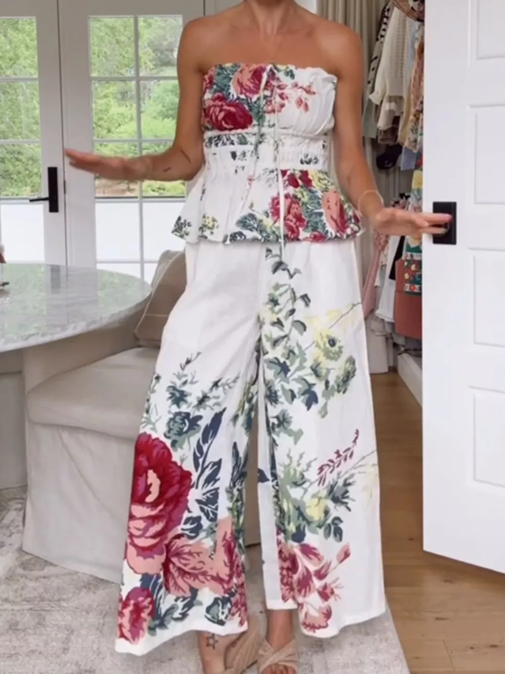 Floral Print Strapless Top and Wide-Leg Pants Set, image 8
