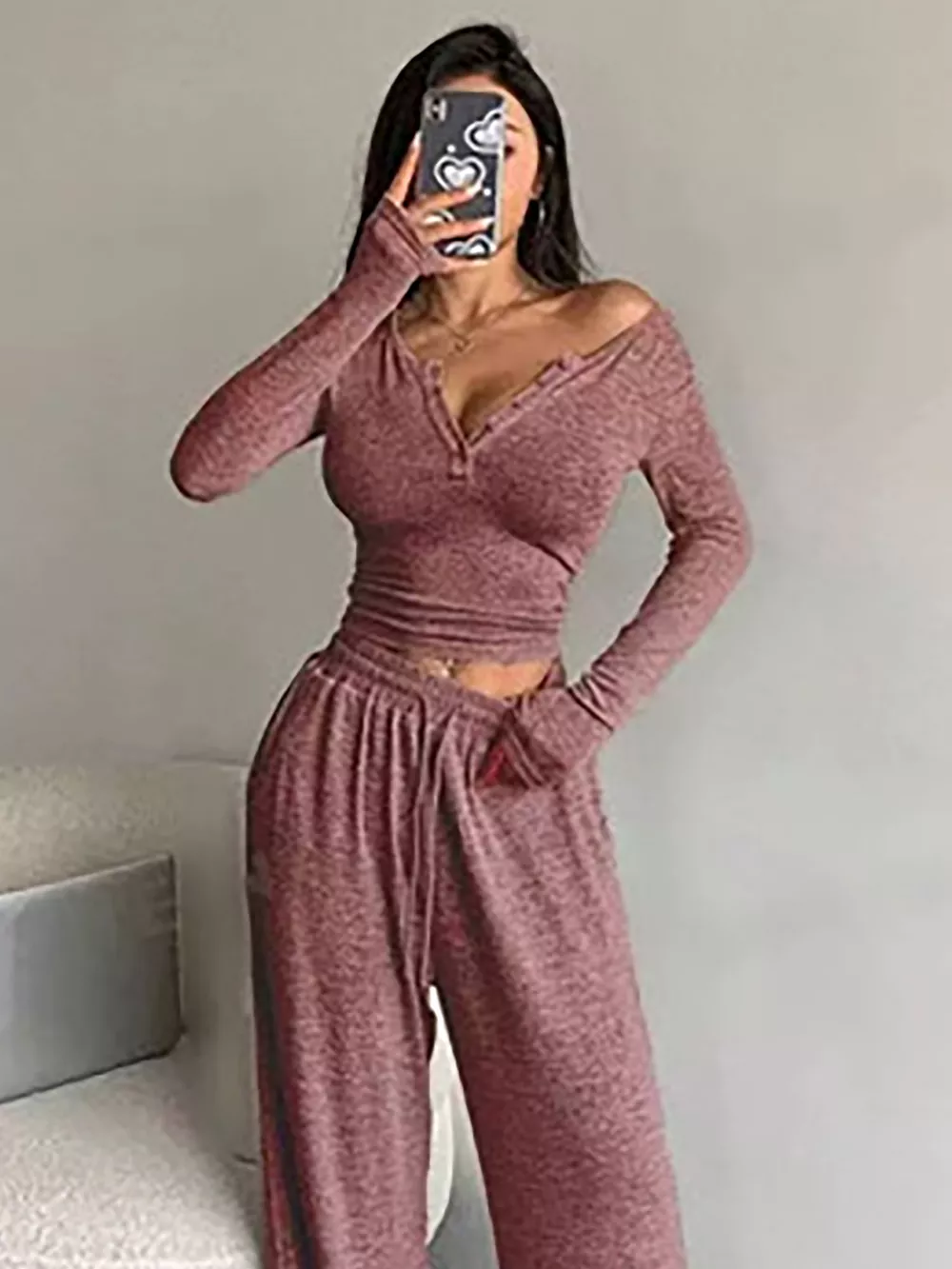 Button Detail Long Sleeve Top and Wide-Leg Pants Set, image 11