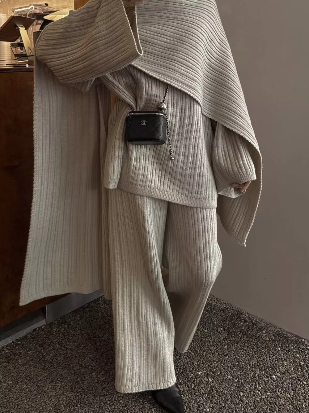 3-Piece Crew Neck Ribbed Sweater and Wide-Leg Pants Set with Scarf, image 2