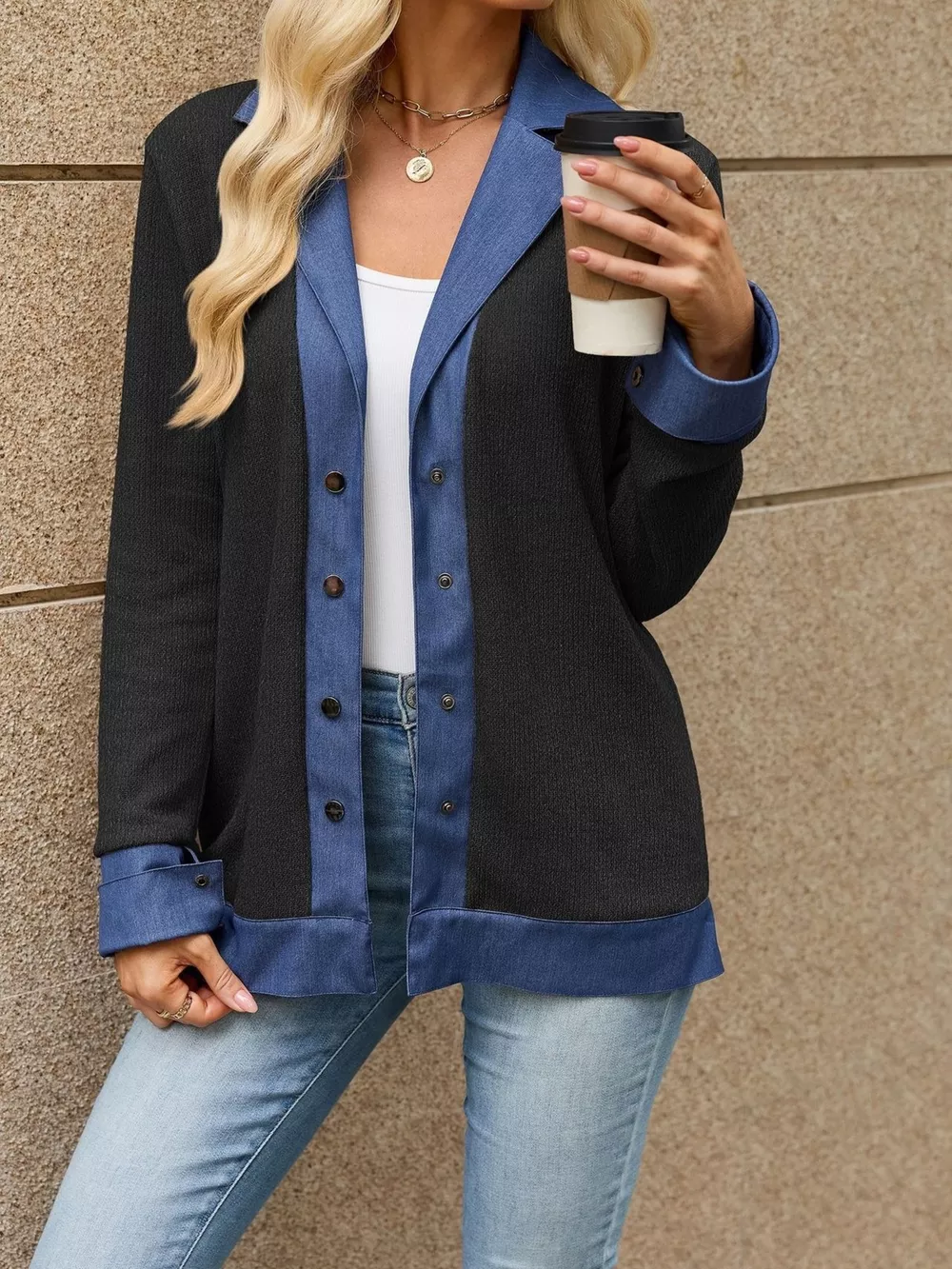 Contrast Denim Lapel Collar Outerwear, image 6