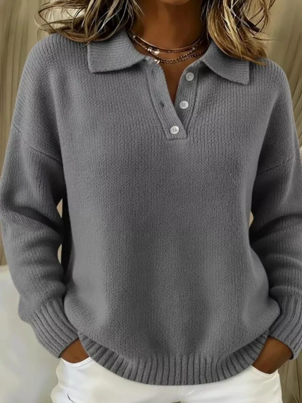 Full Size Button Detail Dropped Shoulder Sweater Plus Size, image 17