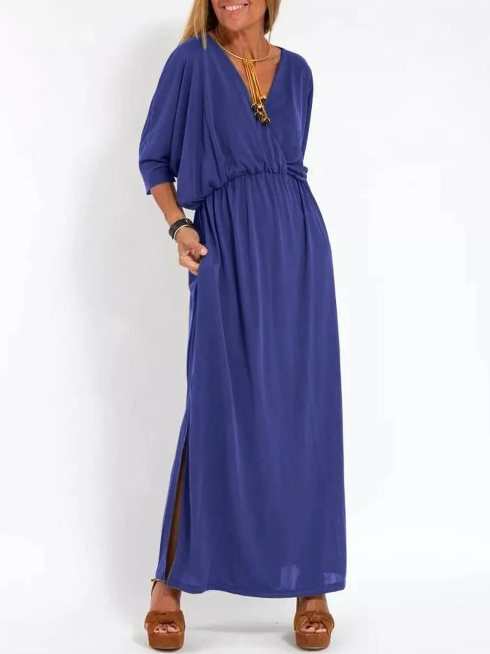 Full Size V-Neck Batwing Sleeve Maxi Dress with Side Slits Plus Size, image 4