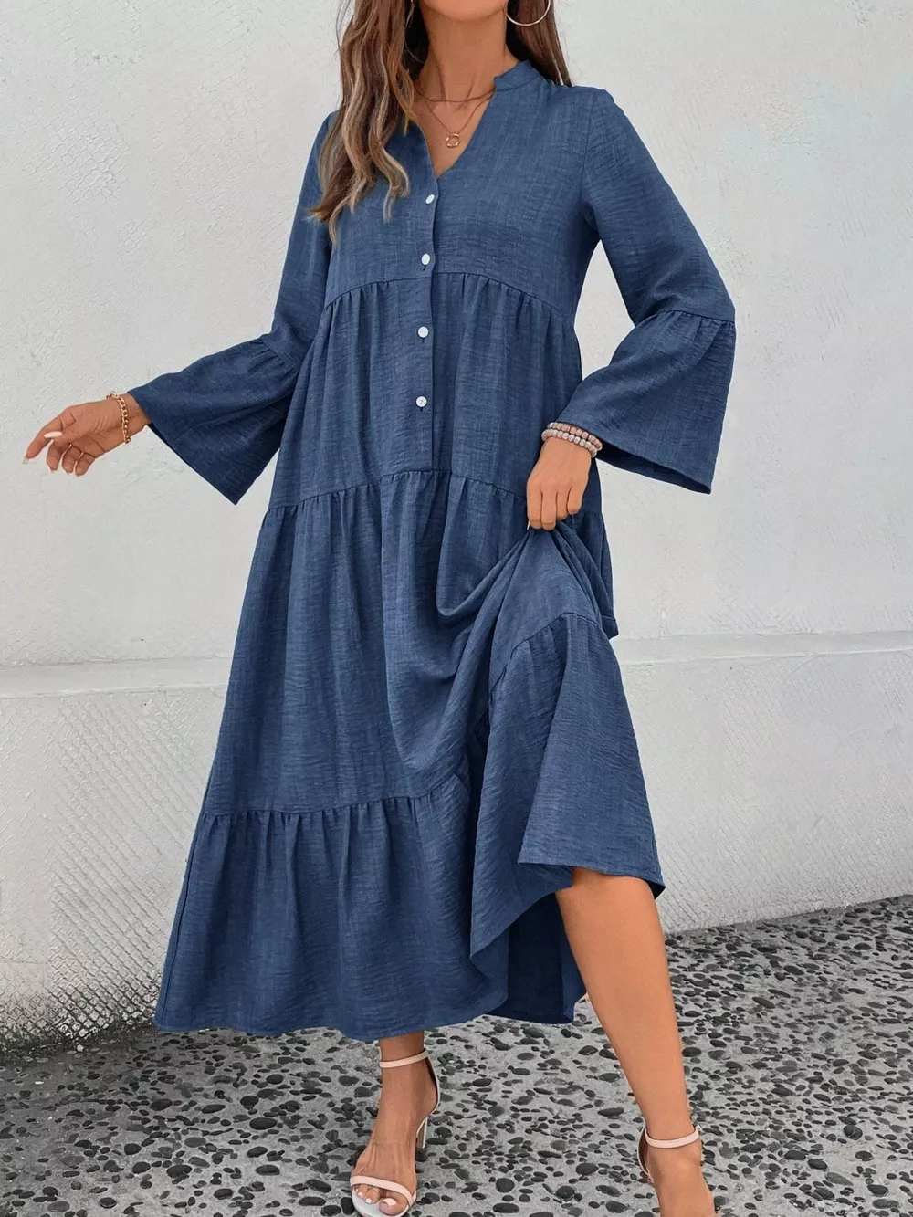 Ruffle Hem Button Front Tiered Dress, image 5
