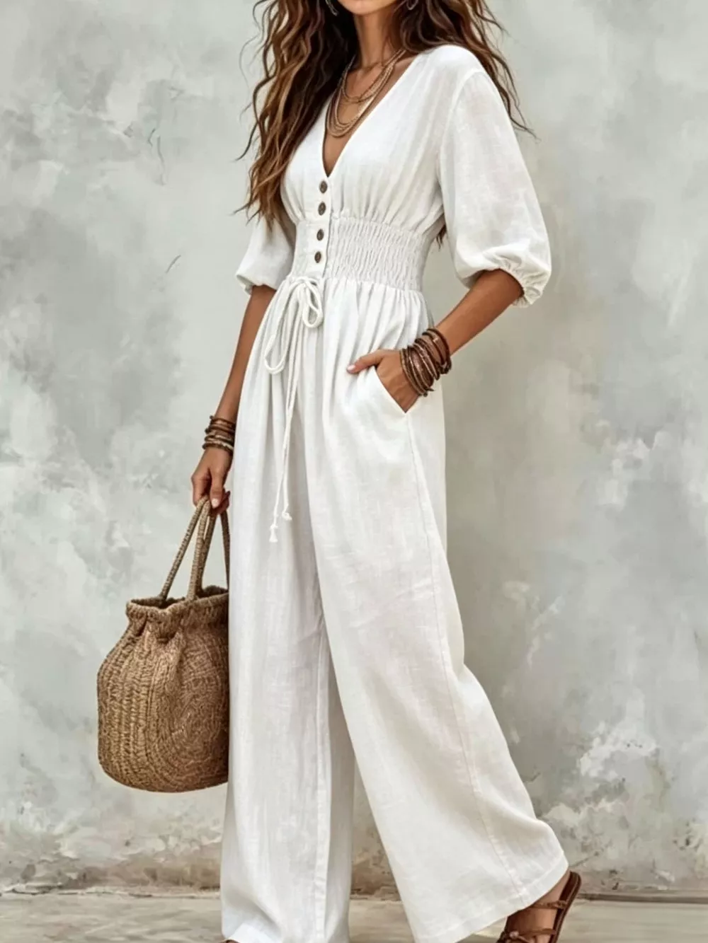 V-Neck Smocked Waist Wide-Leg Jumpsuit, image 14