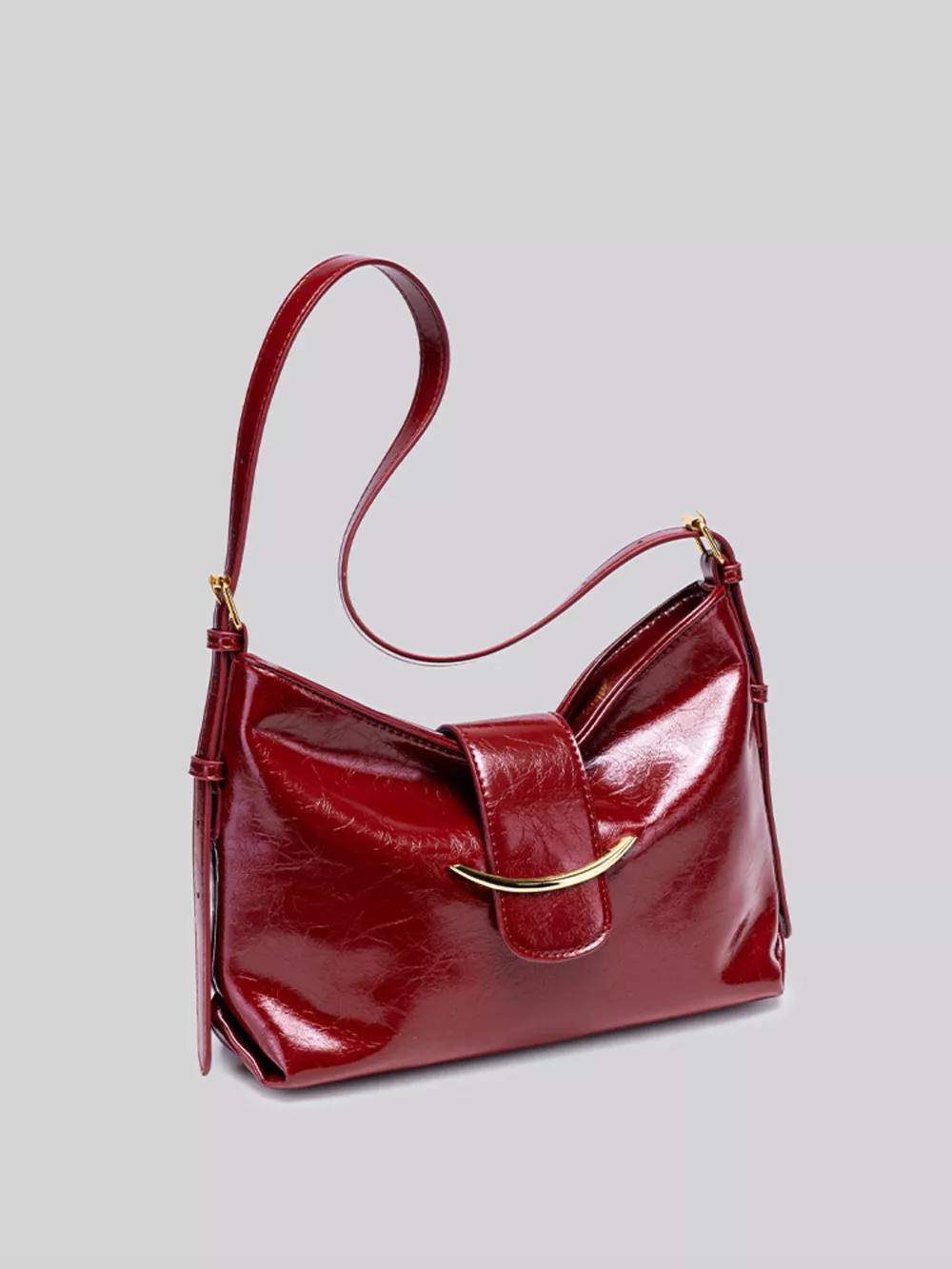 Elegant Glossy Patent Leather Shoulder Bag with Crescent Gold Accent, image 7