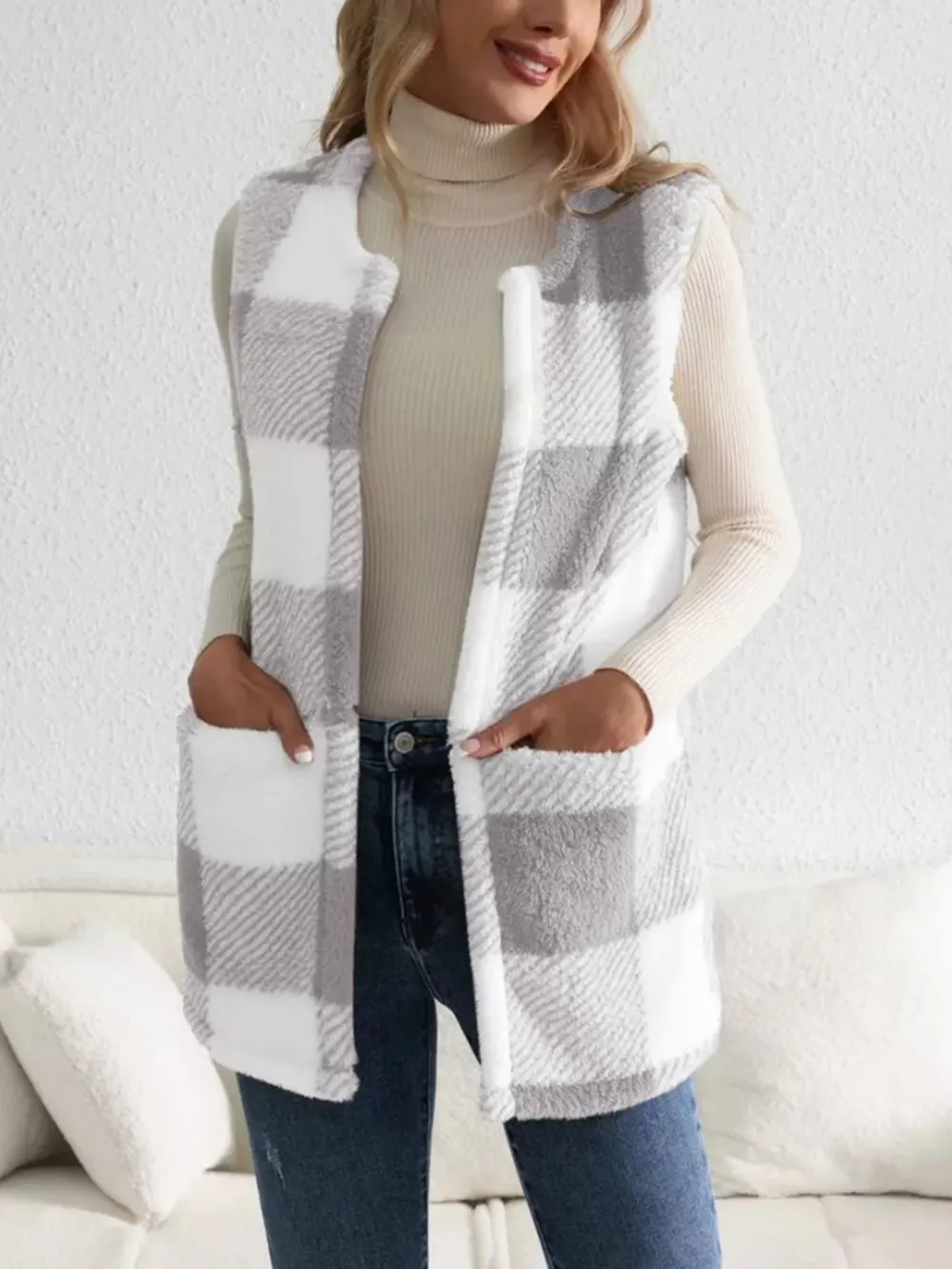 Cozy Plaid Sherpa Vest Coat, image 8