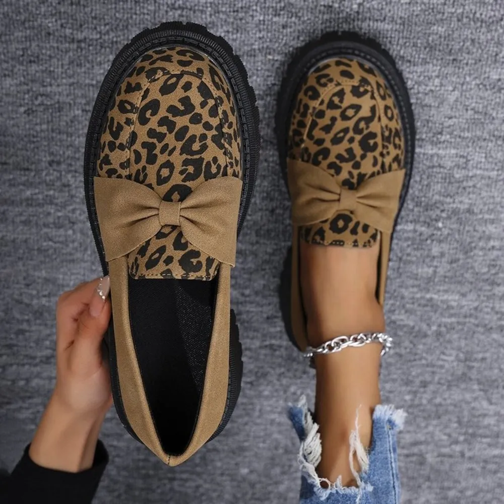 Bow Leopard Round Toe Loafers, image 3