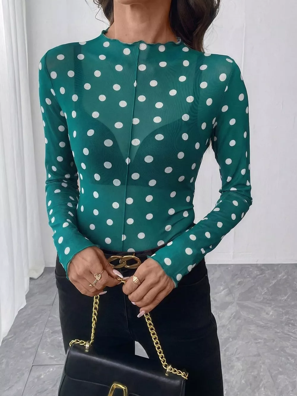 Sheer Polka Dot Long Sleeve Mock Neck Top