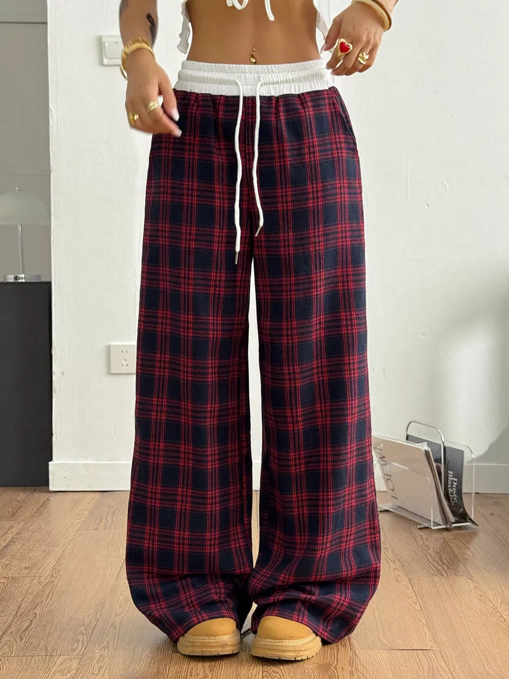 Plaid Wide-Leg Pants with Elastic Waistband, image 9
