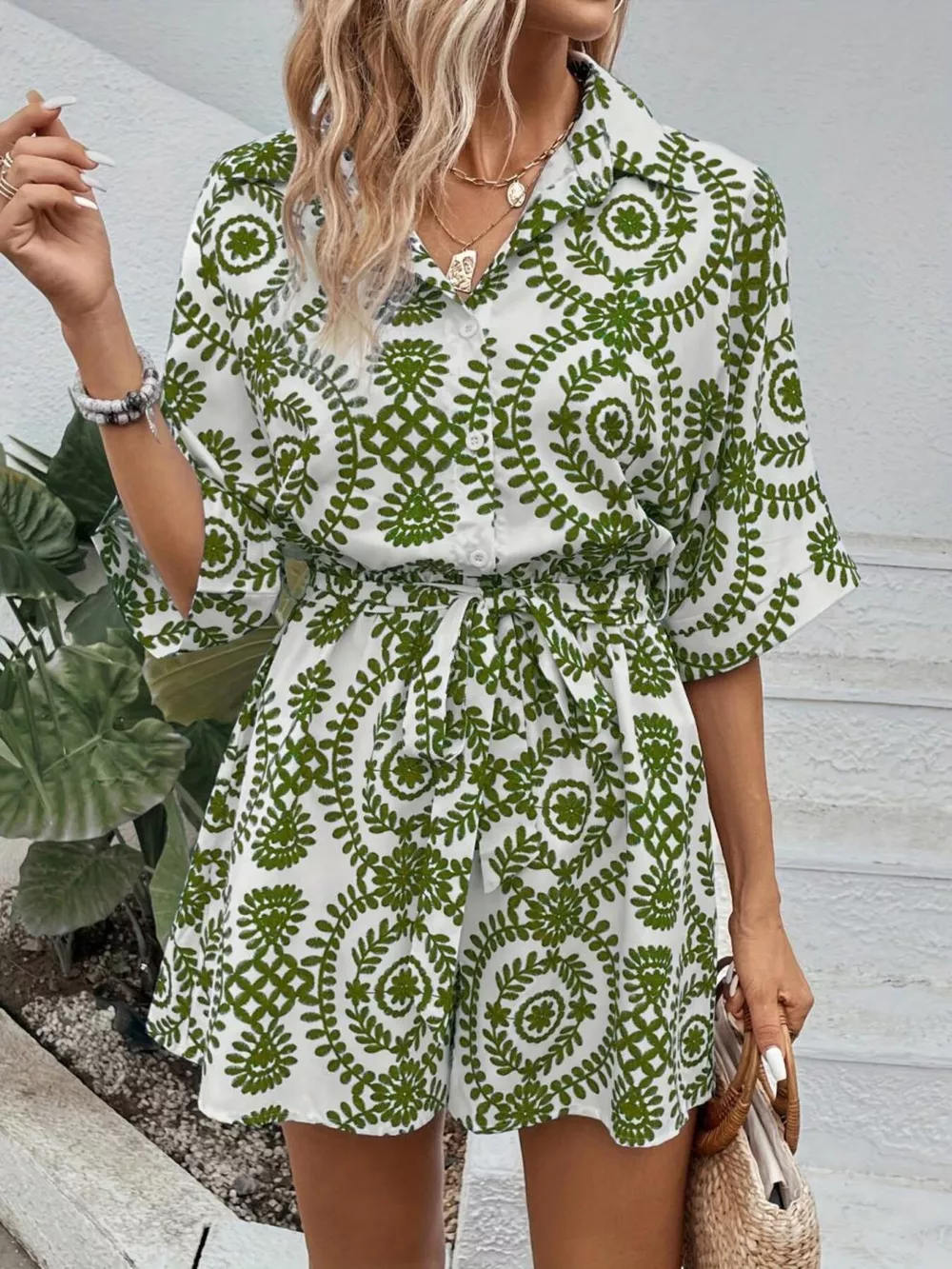 Printed Tie Waist Button Front Romper, image 17