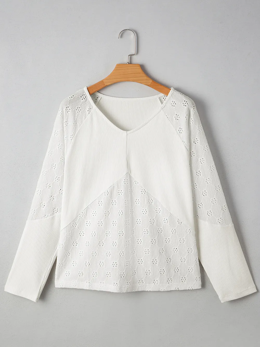 Eyelet Embroidered Loose V Neck Long Sleeve Top, image 10