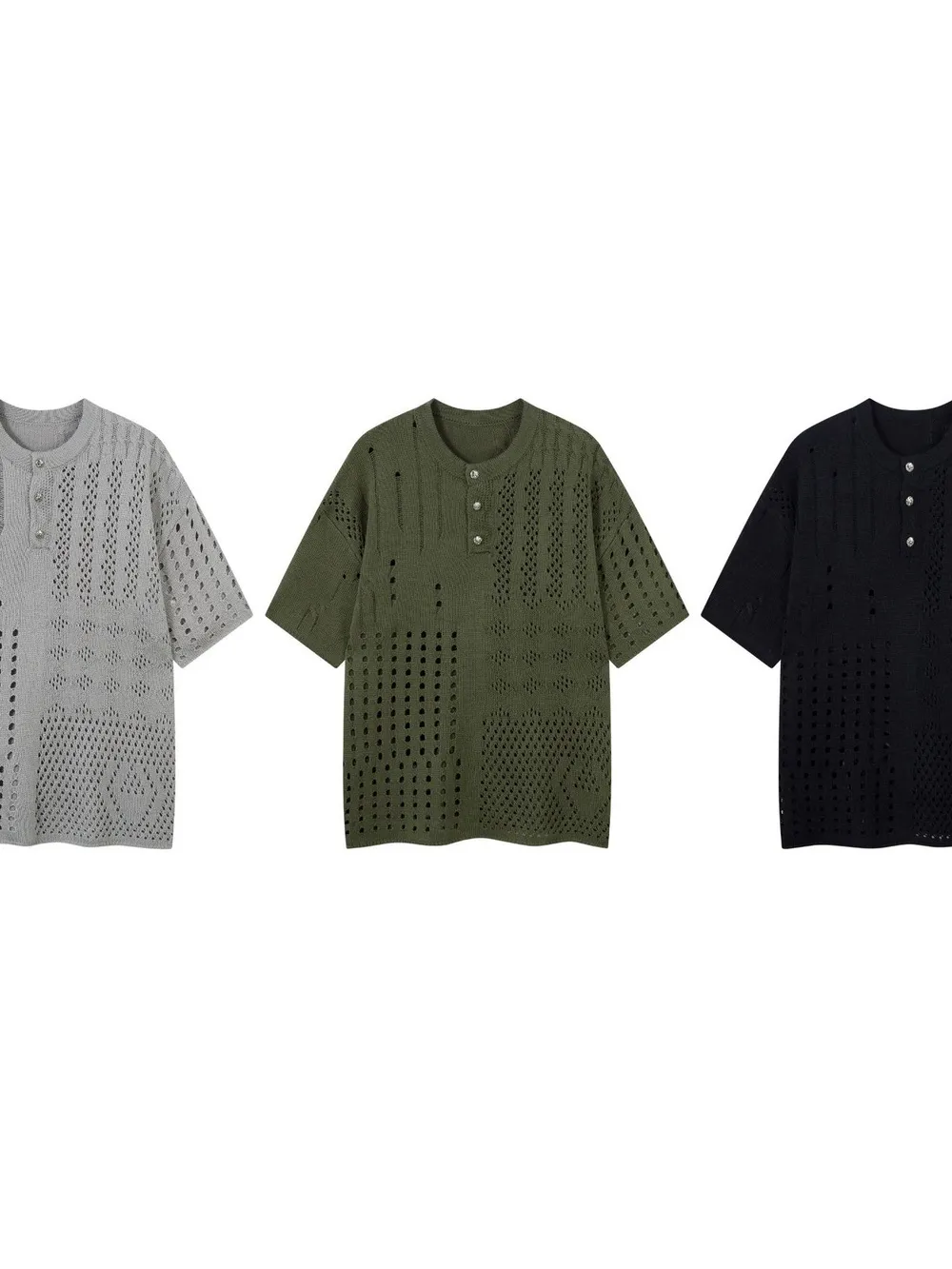 Men's Openwork Button Detail Knit Henley T-Shirt, image 7