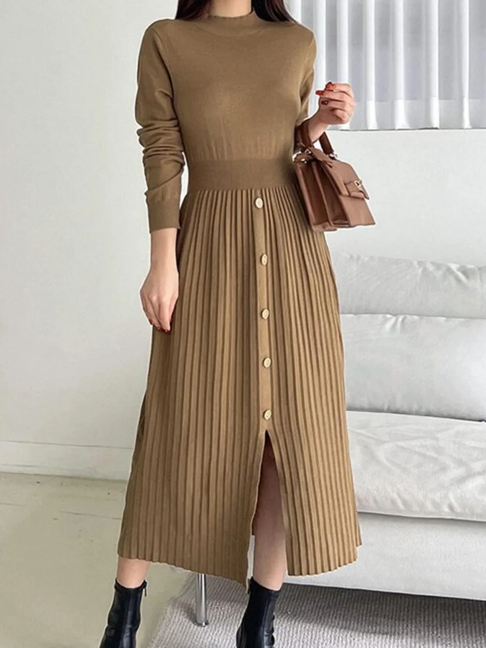 Slit Front Mock Neck Long Sleeve Knit Dress, image 6