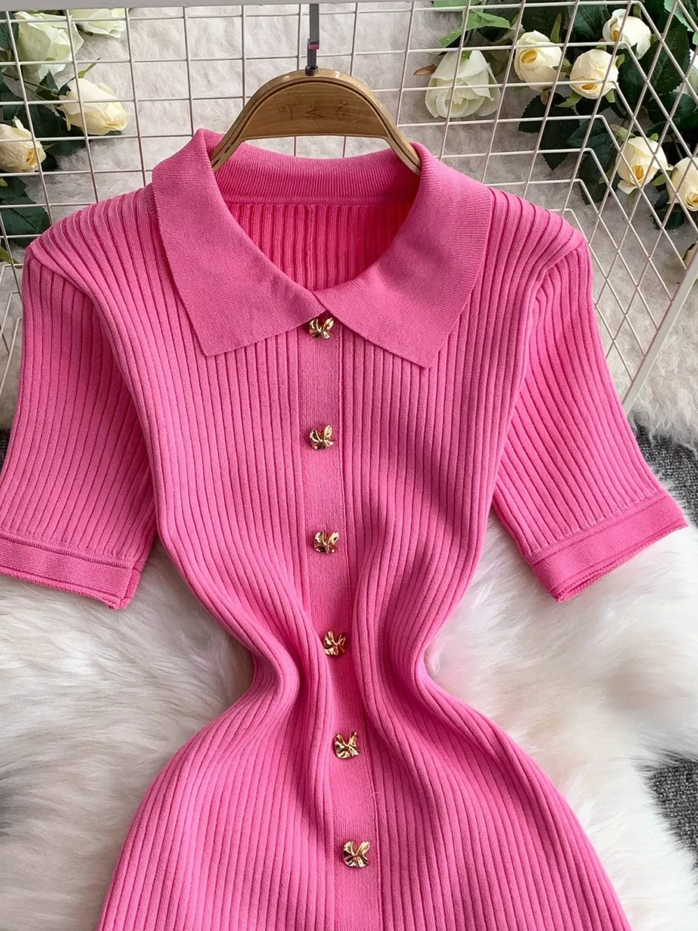 Button Front Ribbed Knit Midi Dress, image 3
