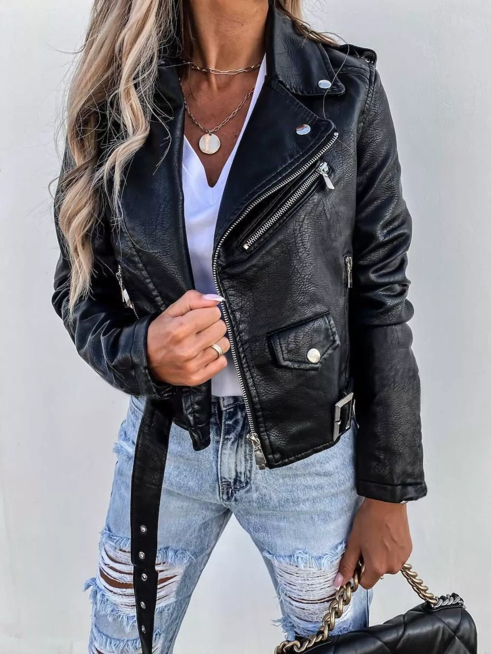 Full Size Zip Up Leather Motorcycle Biker Jacket Plus Size, image 4