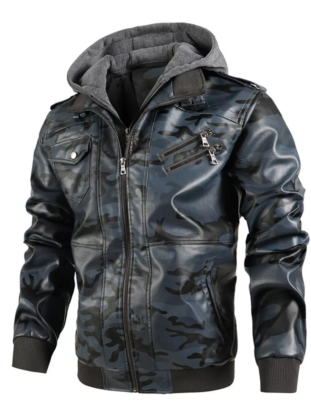 Men's Full Size Hooded Faux Leather Moto Jacket Plus Size, image 9