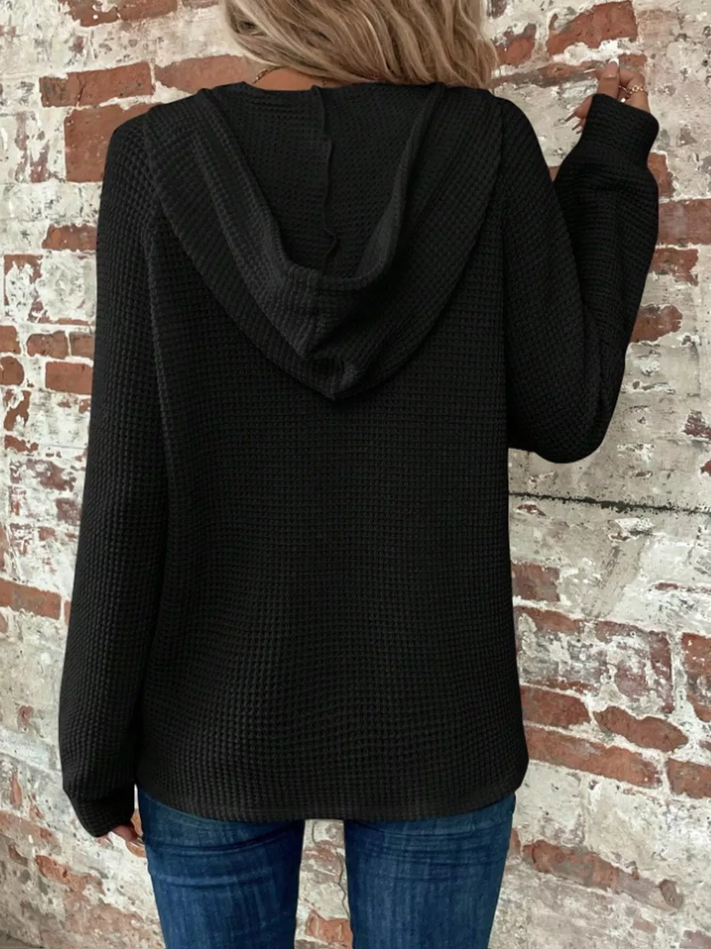Waffle Knit Button Detail Hoodie, image 25