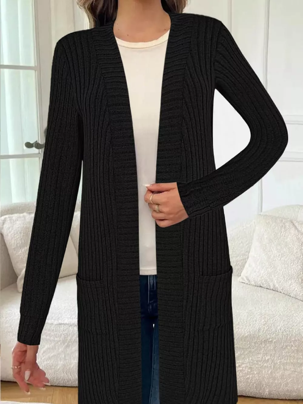 Ribbed Knit Open Front Cardigan, image 3