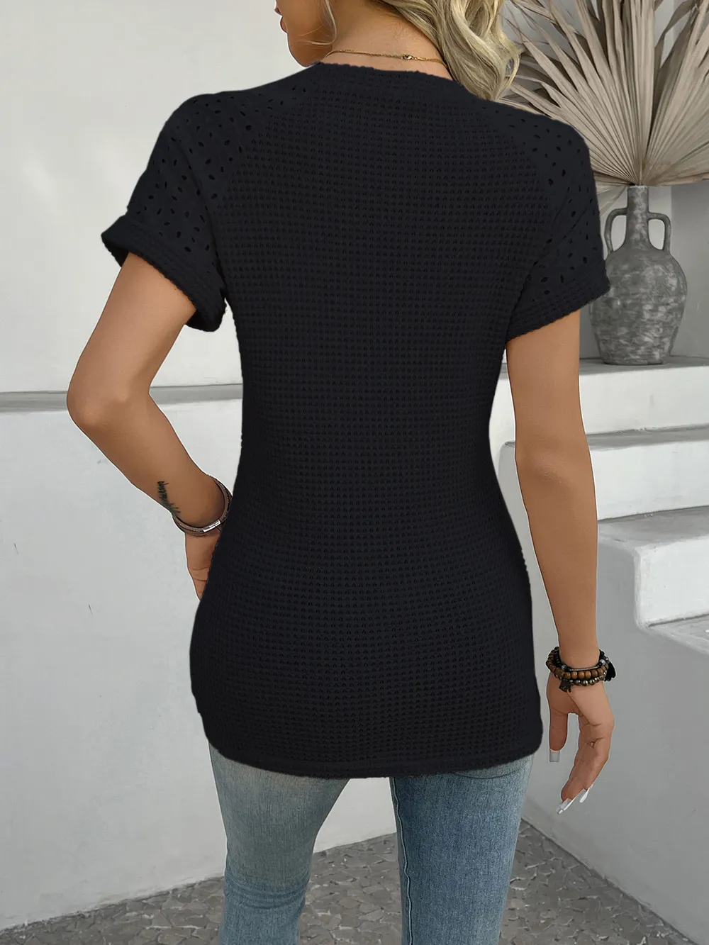Hollow Out Waffle Knit Short Sleeve T-Shirt, image 11