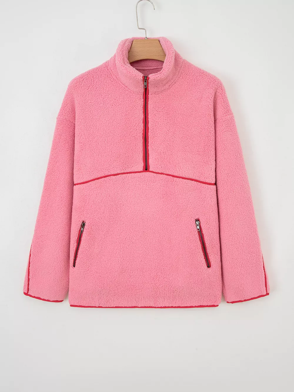 Sherpa Contrast Faux Leather Trim Half Zip Sweatshirt, image 6