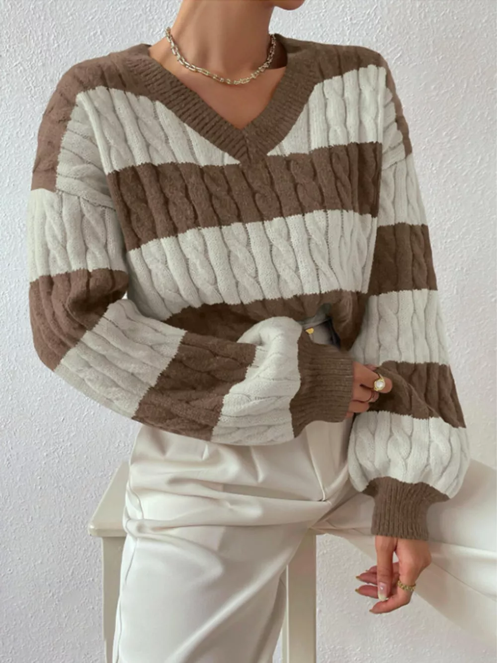 V-Neck Striped Cable Knit Sweater, image 5