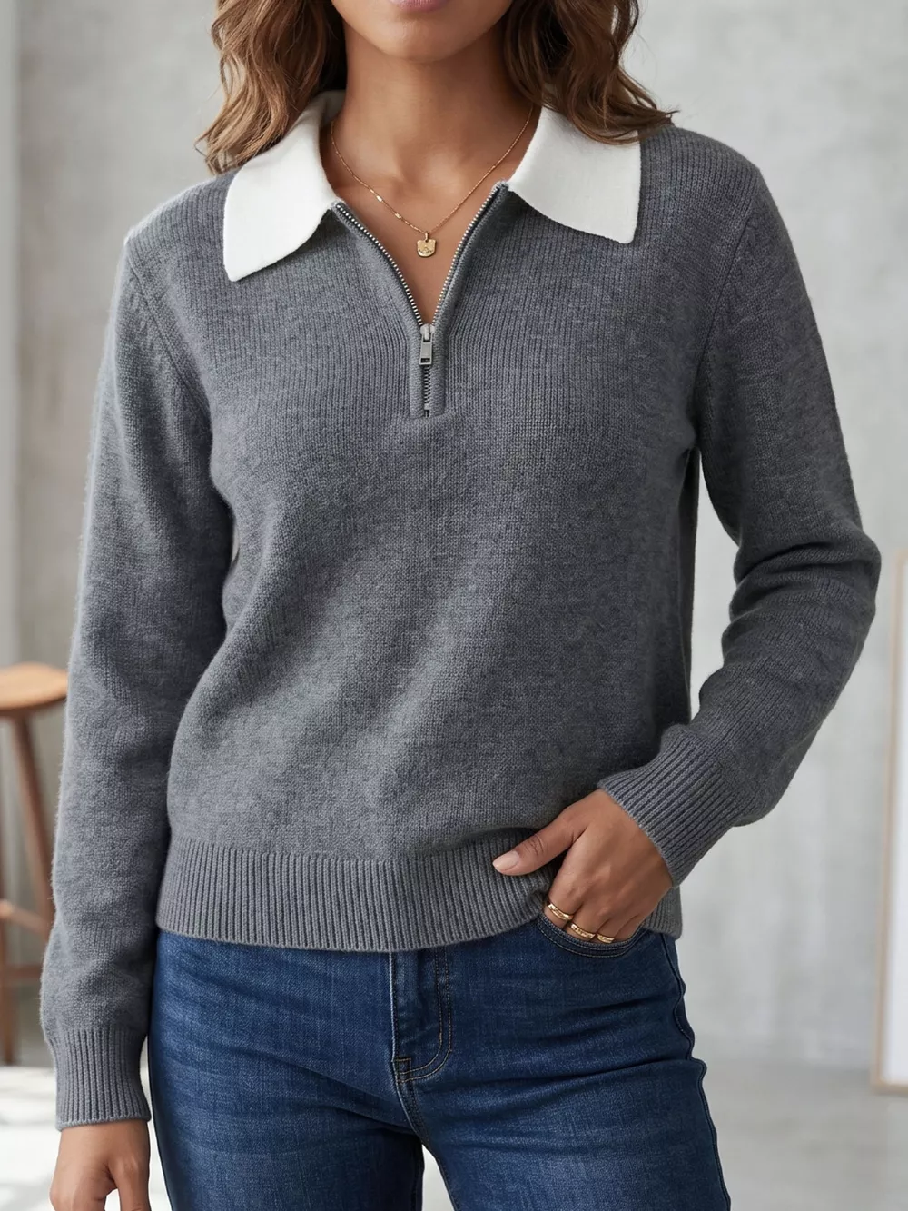 Contrast Collar Quarter Zip Sweater, image 2