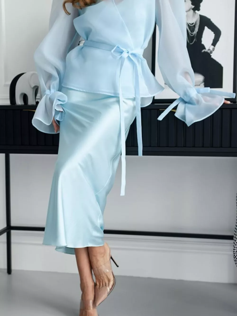 Flounce Sleeve Blouse and Satin Midi Skirt Two-Piece Set, image 8
